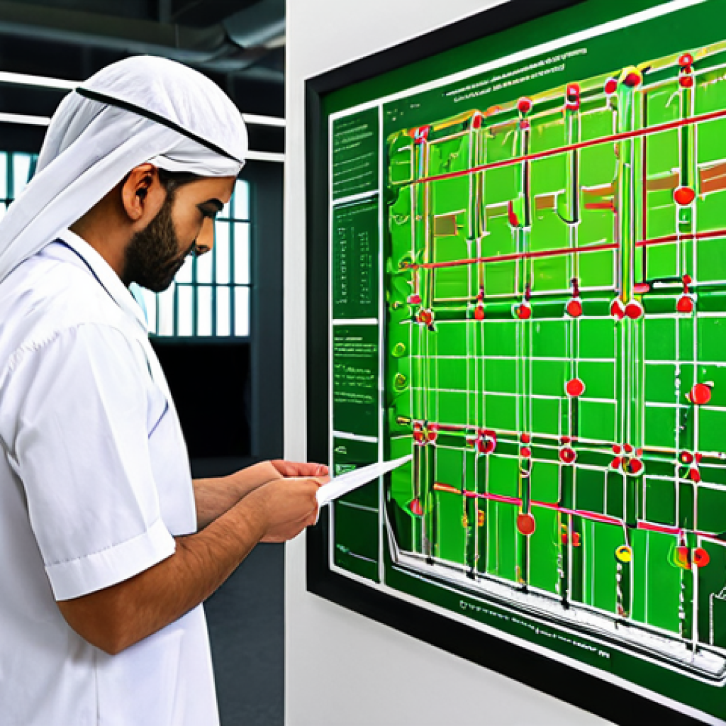 **Prompt:** A highly focused environmental engineer, an Arab male or female, meticulously examining a complex blueprint for a sustainable water treatment facility. Highlighted areas on the blueprint signify past challenges or errors, depicted as subtle, glowing red points. From these points, intricate, bright lines extend upwards, transforming into green, vibrant representations of new insights and solutions, illustrating the concept of learning and growth from mistakes. The background blends a modern engineering office with subtle elements of a thriving, green environment. The atmosphere is one of deep concentration, intellectual clarity, and professional dedication. Realistic, detailed, and inspiring. --ar 16:9