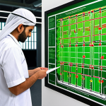 **Prompt:** A highly focused environmental engineer, an Arab male or female, meticulously examining a complex blueprint for a sustainable water treatment facility. Highlighted areas on the blueprint signify past challenges or errors, depicted as subtle, glowing red points. From these points, intricate, bright lines extend upwards, transforming into green, vibrant representations of new insights and solutions, illustrating the concept of learning and growth from mistakes. The background blends a modern engineering office with subtle elements of a thriving, green environment. The atmosphere is one of deep concentration, intellectual clarity, and professional dedication. Realistic, detailed, and inspiring. --ar 16:9