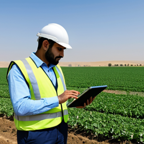 A male Arab environmental engineer, dressed in a modest, professional long-sleeved shirt, practical trousers, and a protective vest, suitable for fieldwork. He stands in a modern agricultural field, confidently looking at a tablet displaying real-time crop data. A smart drip irrigation system is clearly visible in the foreground, and a subtle agricultural drone is visible in the background sky. The setting is a well-managed, vibrant green field under a clear, warm Middle Eastern sky, with hints of modern farm infrastructure like solar panels in the distance. The mood is professional, innovative, and forward-thinking, demonstrating expertise. Professional photography, high detail, sharp focus, natural lighting, safe for work, appropriate content, fully clothed, professional dress, perfect anatomy, correct proportions, natural pose, well-formed hands, proper finger count, natural body proportions.