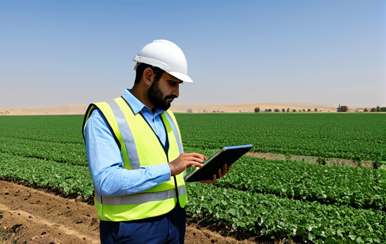 A male Arab environmental engineer, dressed in a modest, professional long-sleeved shirt, practical trousers, and a protective vest, suitable for fieldwork. He stands in a modern agricultural field, confidently looking at a tablet displaying real-time crop data. A smart drip irrigation system is clearly visible in the foreground, and a subtle agricultural drone is visible in the background sky. The setting is a well-managed, vibrant green field under a clear, warm Middle Eastern sky, with hints of modern farm infrastructure like solar panels in the distance. The mood is professional, innovative, and forward-thinking, demonstrating expertise. Professional photography, high detail, sharp focus, natural lighting, safe for work, appropriate content, fully clothed, professional dress, perfect anatomy, correct proportions, natural pose, well-formed hands, proper finger count, natural body proportions.