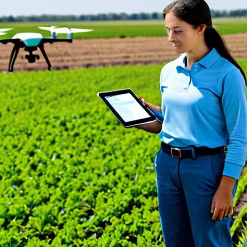 A professional female agricultural environmental engineer, fully clothed in modest, practical field attire including a long-sleeved polo shirt and sturdy work pants, standing confidently in a vast, modern agricultural field. She is holding a tablet displaying data, with a drone visible in the sky above and a smart irrigation system running in the background. The field is lush with healthy crops under a bright, clear sky, conveying innovation and efficiency. Perfect anatomy, correct proportions, natural pose, well-formed hands, proper finger count. Safe for work, appropriate content, fully clothed, professional, family-friendly, high-quality professional photography.