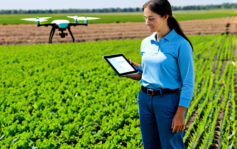 A professional female agricultural environmental engineer, fully clothed in modest, practical field attire including a long-sleeved polo shirt and sturdy work pants, standing confidently in a vast, modern agricultural field. She is holding a tablet displaying data, with a drone visible in the sky above and a smart irrigation system running in the background. The field is lush with healthy crops under a bright, clear sky, conveying innovation and efficiency. Perfect anatomy, correct proportions, natural pose, well-formed hands, proper finger count. Safe for work, appropriate content, fully clothed, professional, family-friendly, high-quality professional photography.