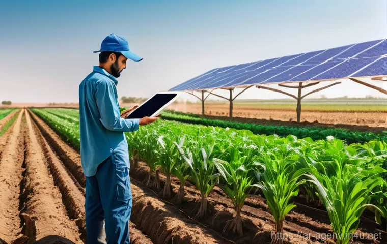 농업환경기술자 자격증과 IT 기술 활용 - **Prompt:** A dynamic scene of an advanced Arab farm. In the foreground, an industrious young Arab f...