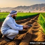 농업환경기술자와 수질 관리 기술 - A modern agricultural field in a Middle Eastern setting at golden hour, featuring a farmer wearing t...