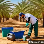 농업환경기술자 실기 시험 도구 준비 - A detailed scene of an agricultural technician in a Middle Eastern field during daylight, wearing pr...