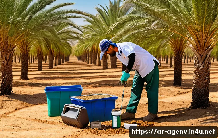 농업환경기술자 실기 시험 도구 준비 - A detailed scene of an agricultural technician in a Middle Eastern field during daylight, wearing pr...