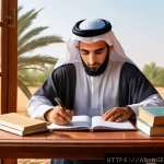 농업환경기술자 필기와 실기의 차이점 - A detailed scene of an Arab agricultural engineer studying for a theoretical exam in a traditional M...