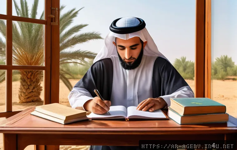 농업환경기술자 필기와 실기의 차이점 - A detailed scene of an Arab agricultural engineer studying for a theoretical exam in a traditional M...