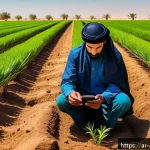 농업환경기술자 업무와 관련된 최신 연구 - A modern agricultural field in the Middle East with smart soil sensors inserted into the ground, dis...