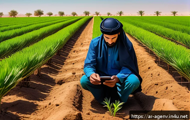농업환경기술자 업무와 관련된 최신 연구 - A modern agricultural field in the Middle East with smart soil sensors inserted into the ground, dis...
