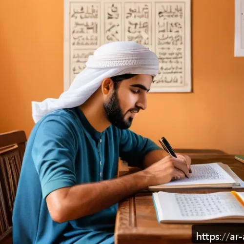 농업환경기술자 실기 시험 팁 - A focused Arab male student sitting at a wooden desk in a cozy, sunlit room decorated with tradition...