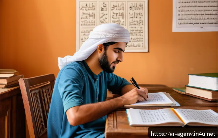 농업환경기술자 실기 시험 팁 - A focused Arab male student sitting at a wooden desk in a cozy, sunlit room decorated with tradition...