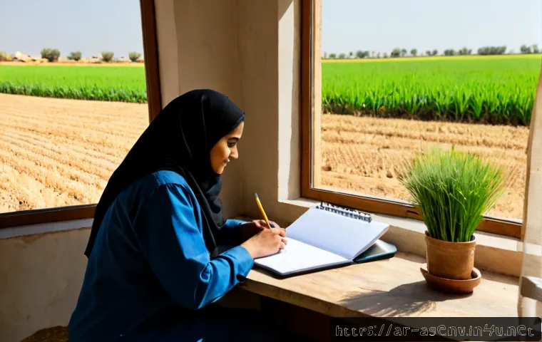 농업환경기술자 필수 학습 노트 작성법 - Photorealistic agricultural environmental technician at a clean farmhouse desk, carefully organizing...