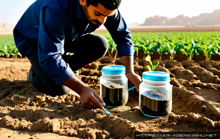 농업환경기술자 시험에 자주 나오는 주제 - Photorealistic agricultural environmental technician examining healthy and drought-stressed soil sam...